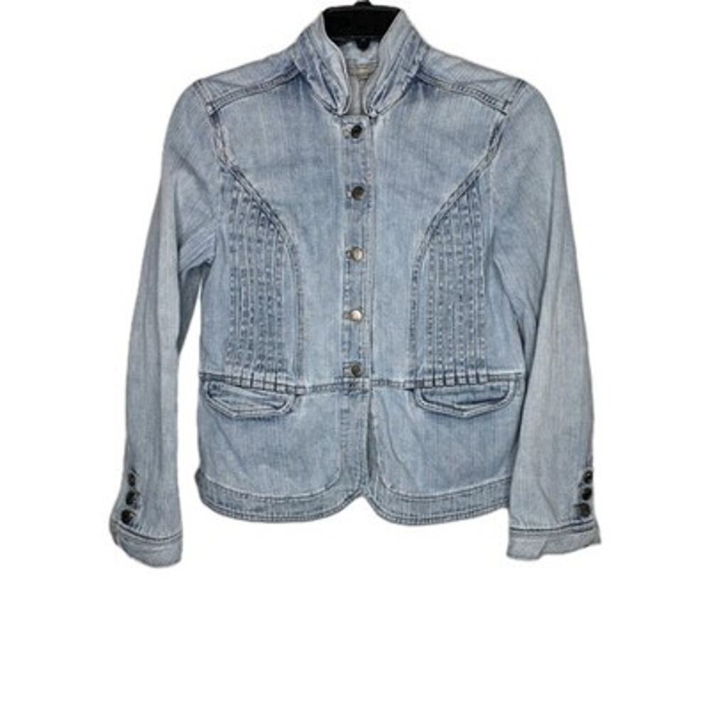 J Jill Jean Jacket Womens M Blue Denim Blazer Button Pleated Pockets Military